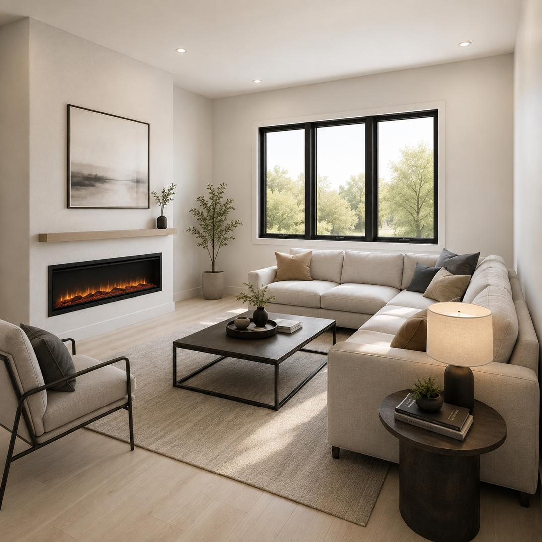 The Tucker — family room with linear fireplace