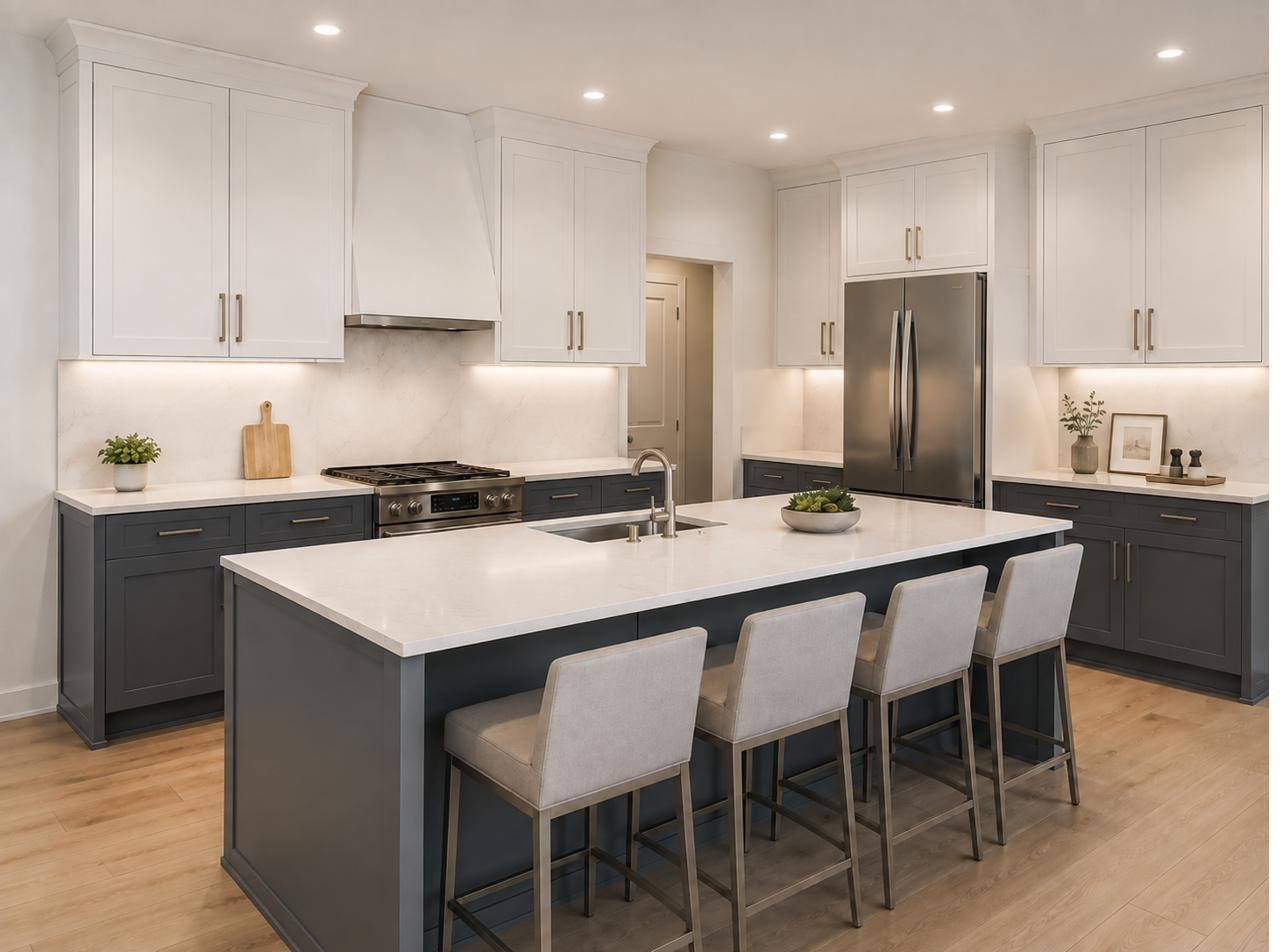 The Tucker — kitchen with waterfall island